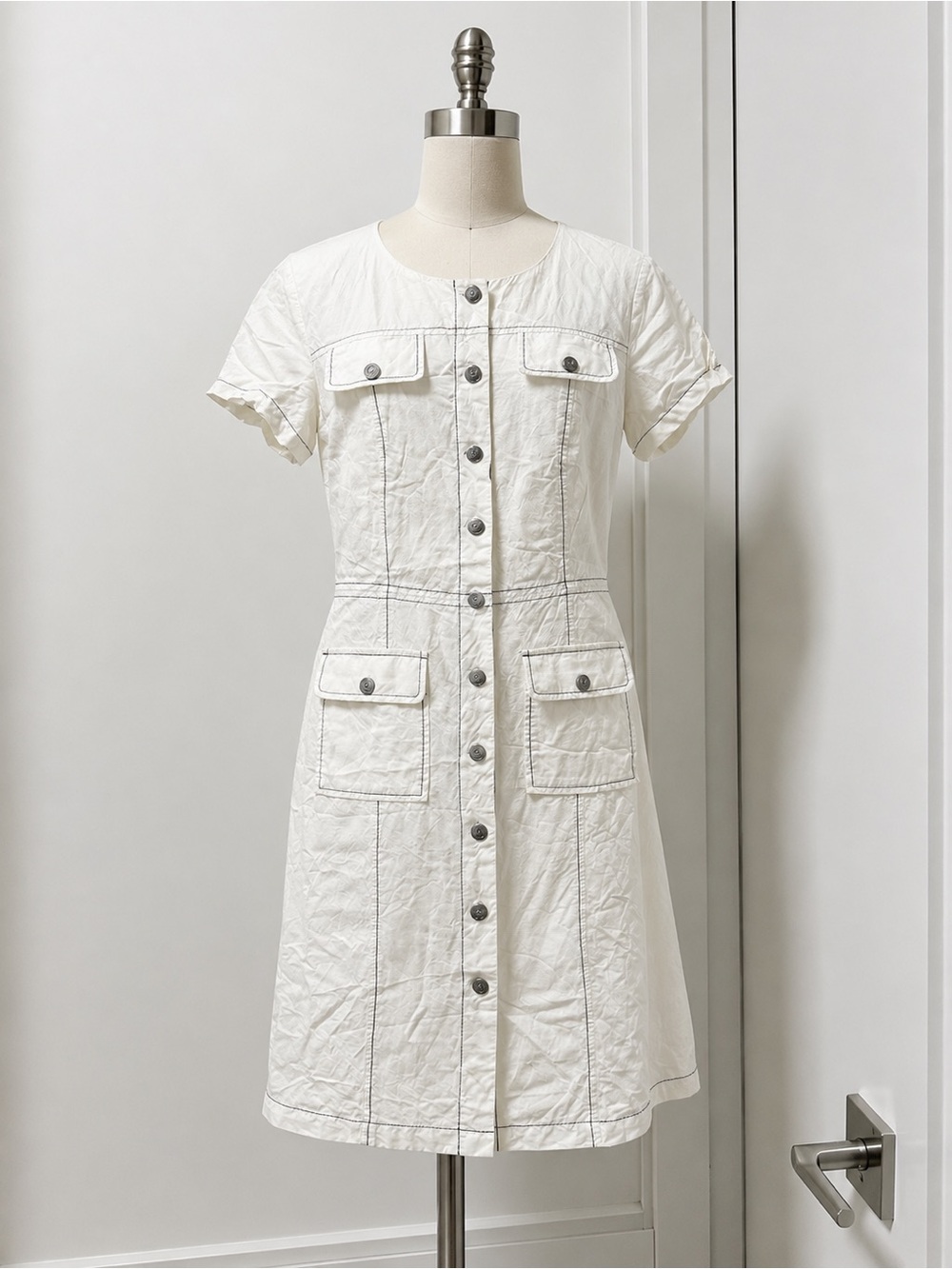 Karl Lagerfeld White Button-Front Short Sleeve Midi Dress